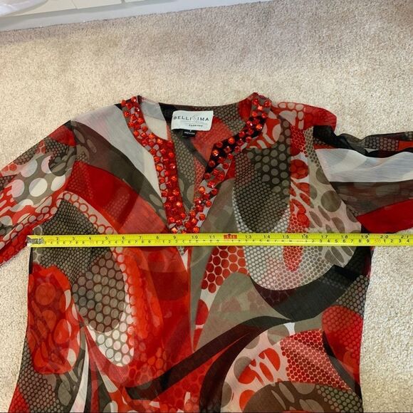BELLISSIMA red tan gem embellished V-neckline sheer coverup blouse Sz S 🇨🇦🔥 - Picture 7 of 11